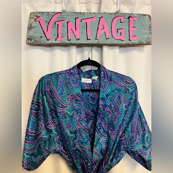 Vintage 90s Teal Purple Floral Paisley Silky Colorful Kimono Robe - Picture 1 of 12